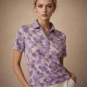 100% Cotton ISLE Purple Lavender Floral Button Down Polo Shirt Small Scotland